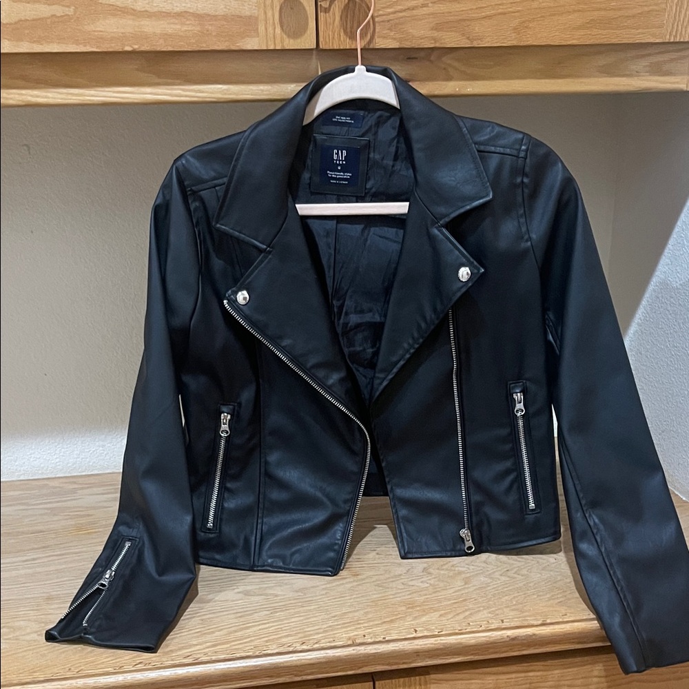 GAP Women's Black Leather Jacket with Silver Accents